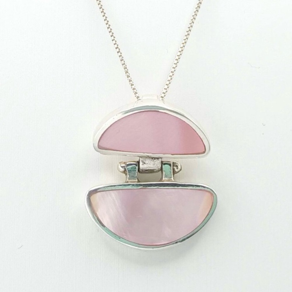 925 Sterling Silver Pink Mother of Pearl Hinged Pendant Necklace